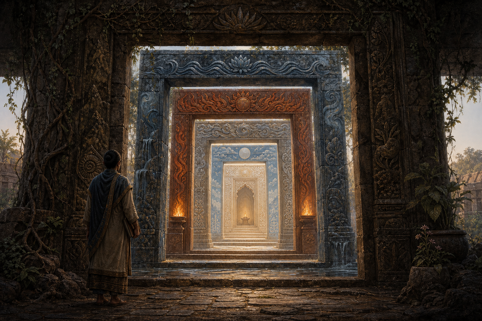 Six stone gateways lead toward a glowing sanctuary while a solitary practitioner pauses at the first threshold.