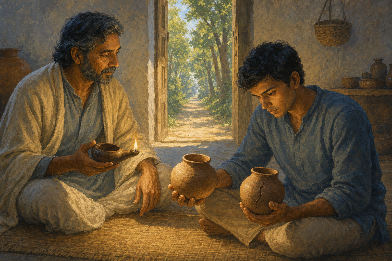 A teacher holds a lamp while a student independently examines an intact clay vessel and a cracked one in a simple study hall.