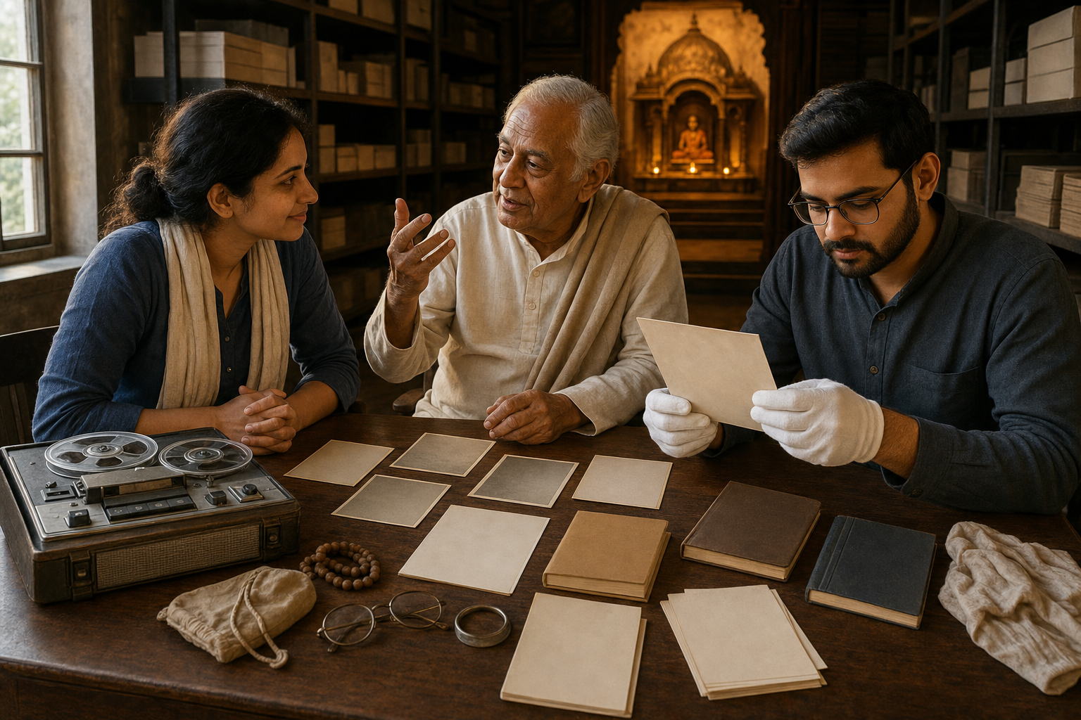 An elderly devotee shares a memory while two researchers examine photographs, recordings, notebooks, and personal objects in a temple archive.