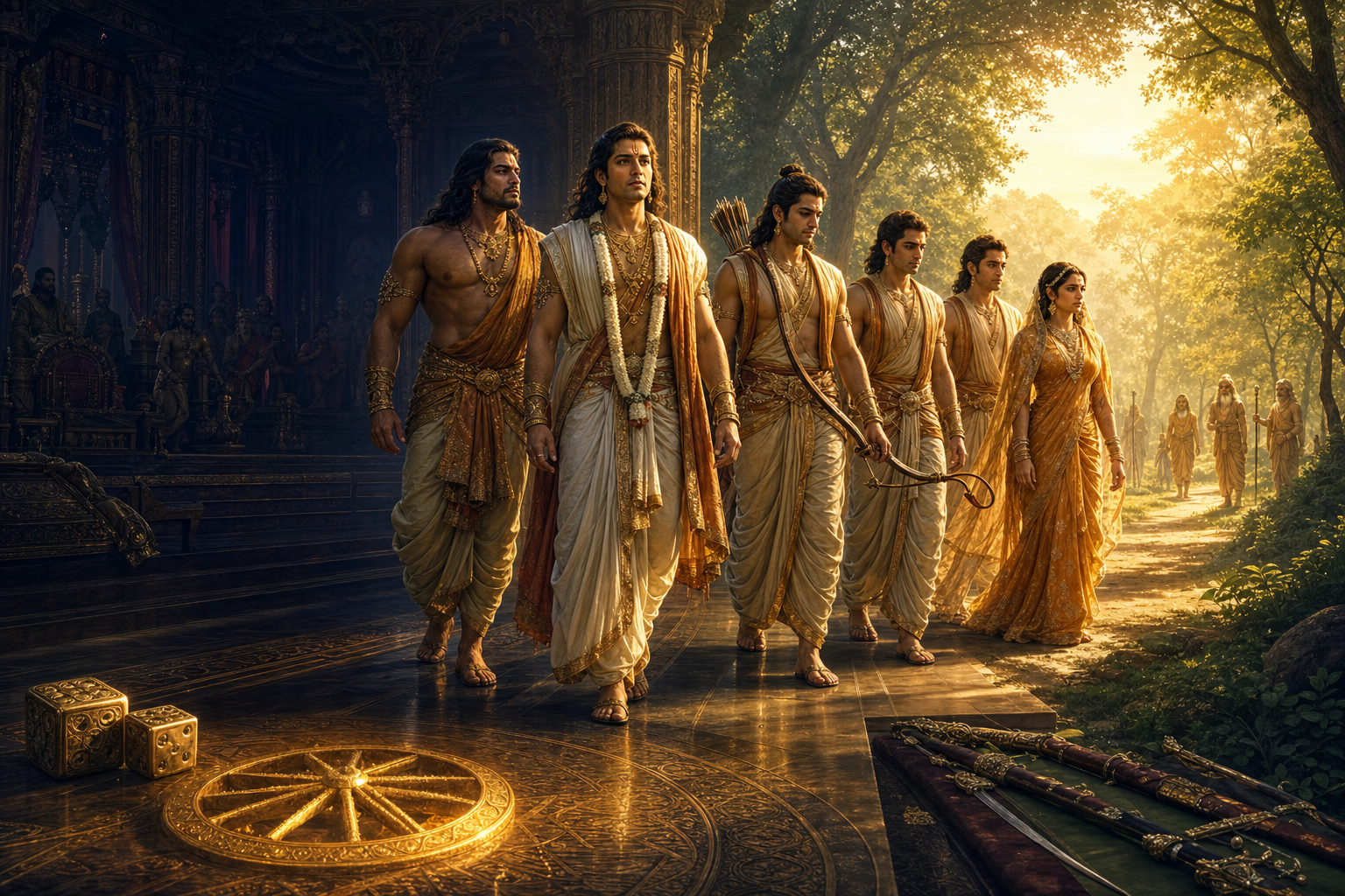 Mahabharata-inspired scene of the Pandavas and Draupadi leaving a dark royal court for a sunlit forest path