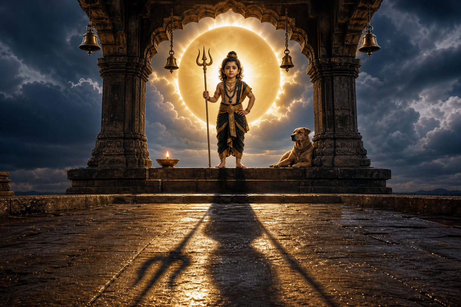 A small youthful guardian deity stands beneath a broad halo at a temple threshold, with a trident shadow and seated dog emphasizing his authority.
