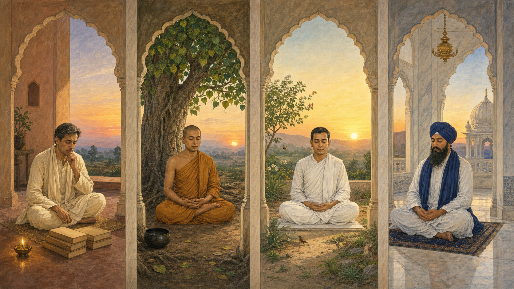 Four adjacent illustrated alcoves show a Hindu householder beside a lamp, a Buddhist practitioner beneath a tree, a Jain practitioner in a quiet garden and a turbaned Sikh practitioner in a prayer hall.