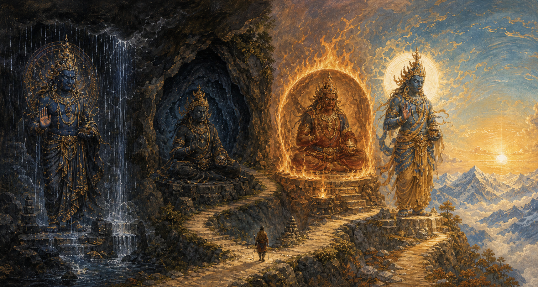 A traveler follows a mountain path past several fierce guardian figures associated with rain, fire, a cave, and an open dawn sky.