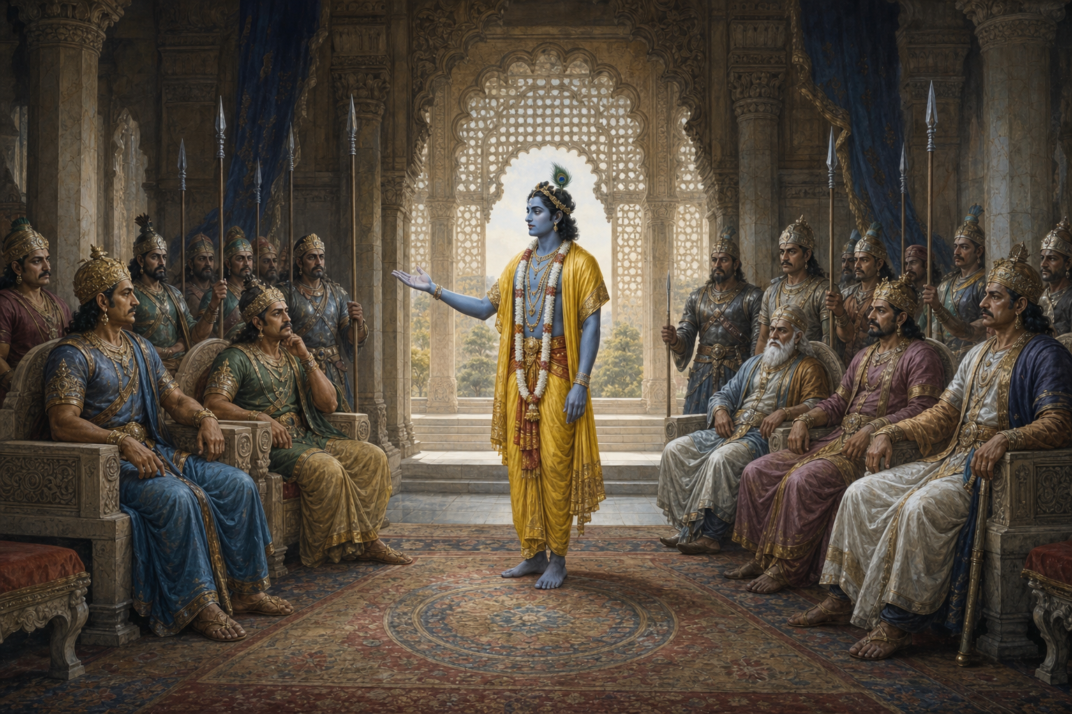 An unarmed Krishna raises an open hand in a royal court while seated rulers and armored nobles listen with their weapons at rest.