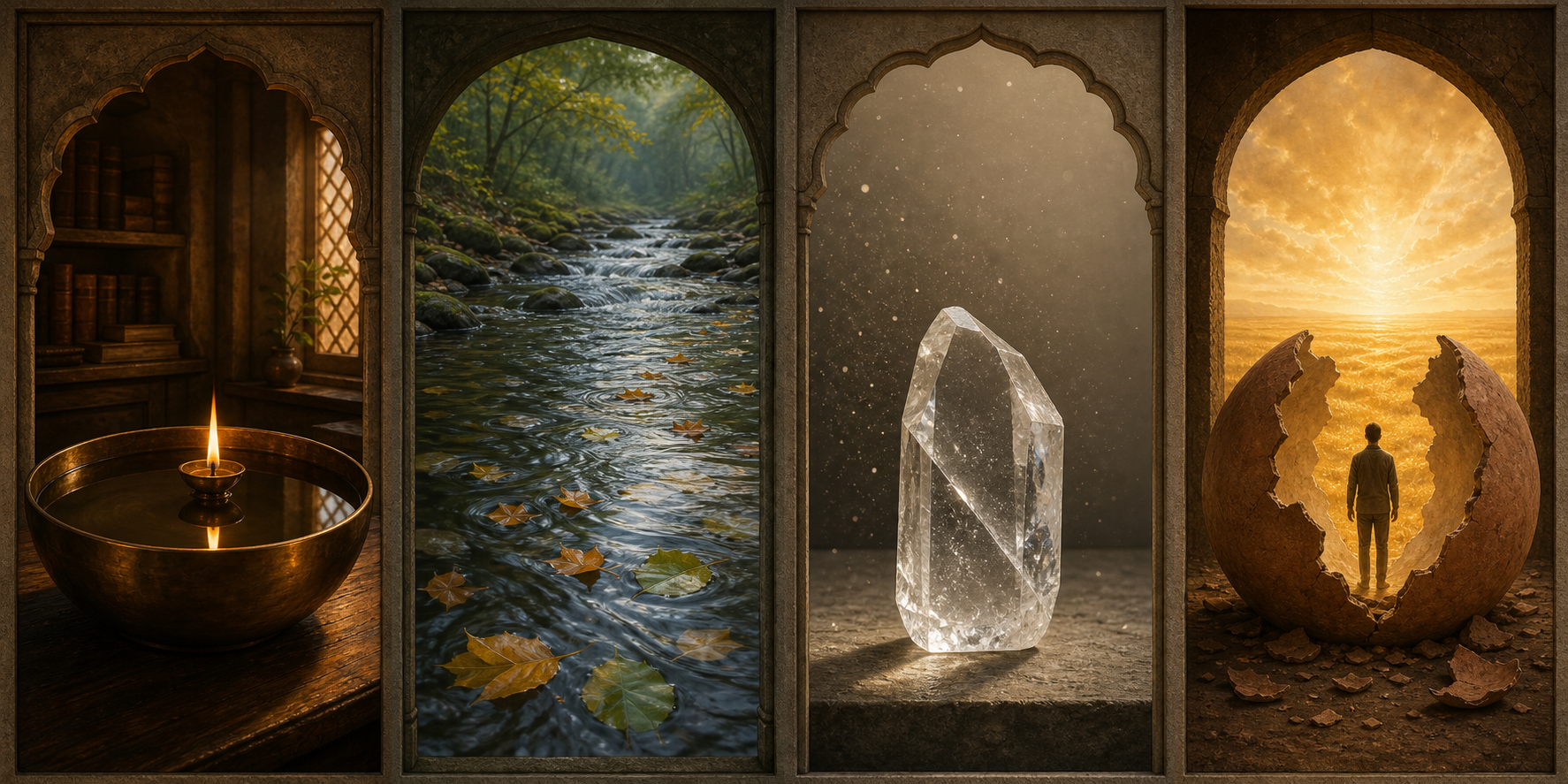 Four separate symbolic scenes show a lamp reflected in still water, leaves moving through a stream, a clear crystal surrounded by dust and a clay shell opening toward golden light.