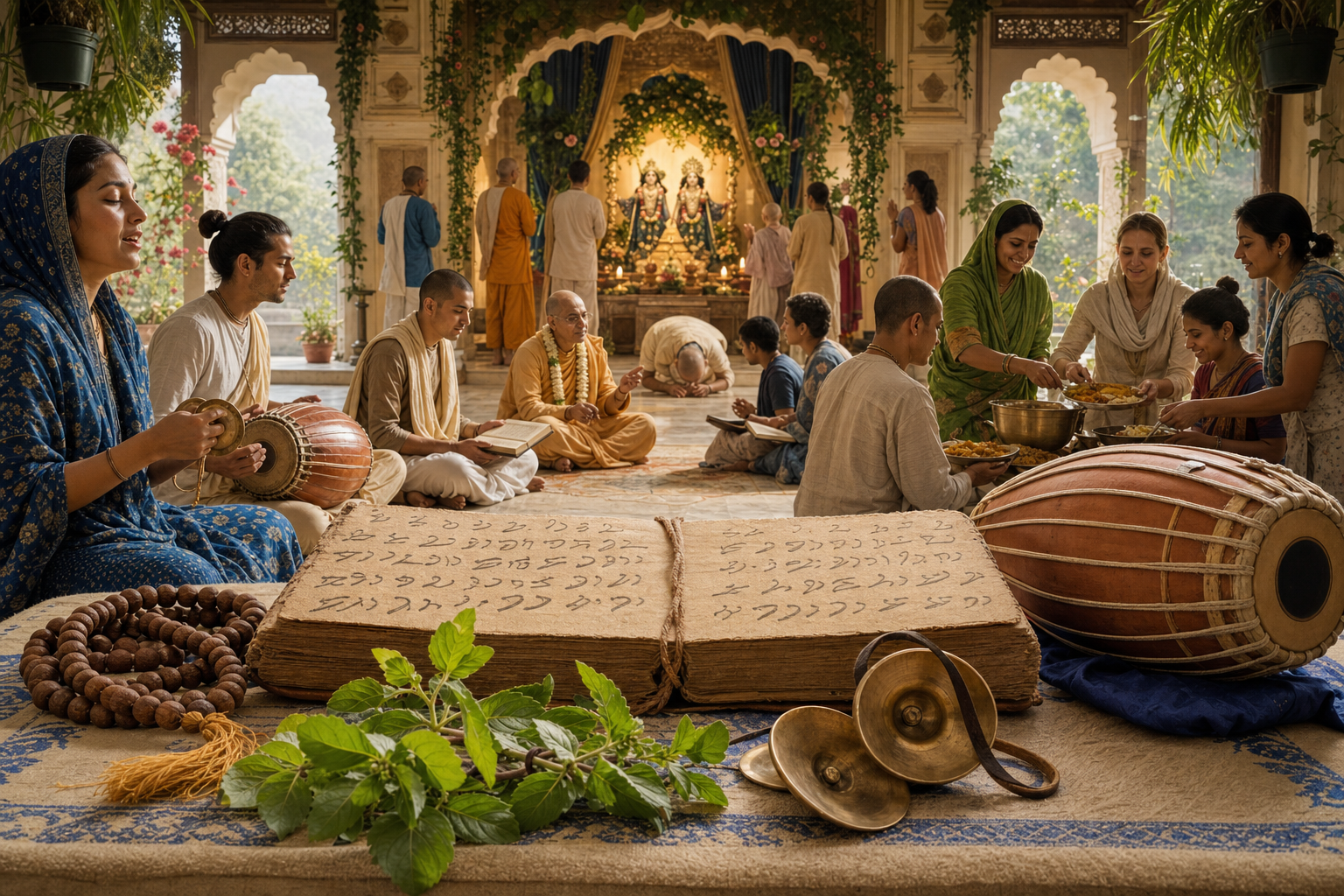 Chanting beads, sacred manuscripts, cymbals, and a drum frame a congregation studying, chanting, serving food, and worshipping together.