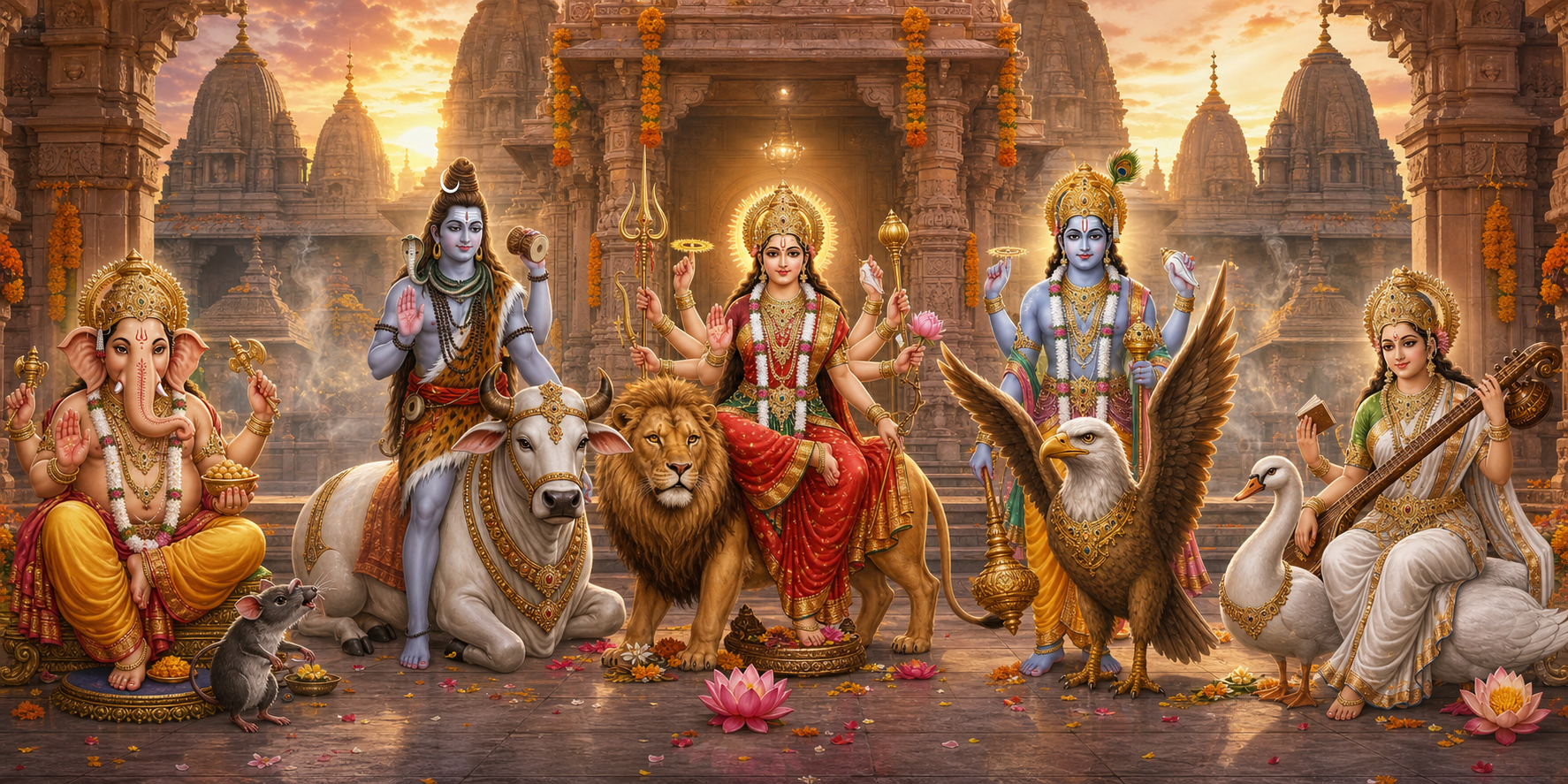 Ganesha, Shiva, Durga, Vishnu, and Saraswati appear with a mouse, bull, lion, Garuda, and white swan in a sunlit temple courtyard.