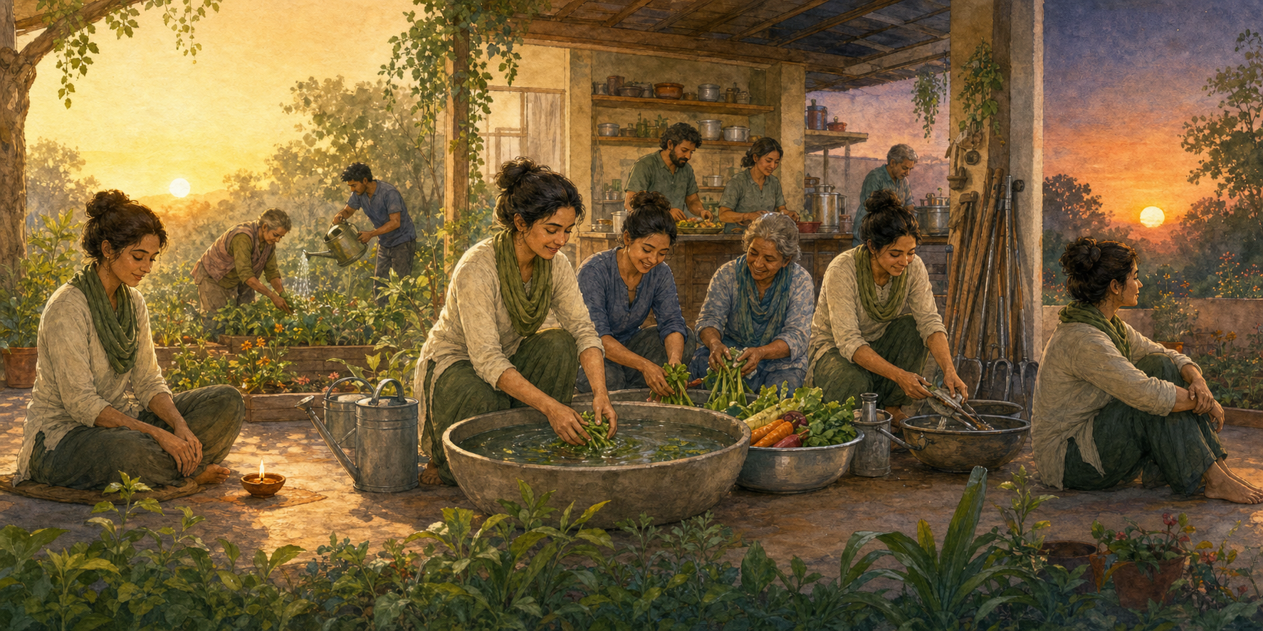 The same practitioner reflects at sunrise, prepares food and waters plants with others during the day, and cleans tools at sunset.