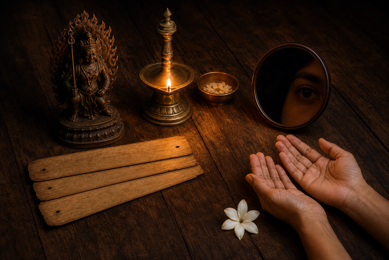 A study-room still life contains a fierce-deity sculpture, ritual lamp and bowl, dark mirror, open hands, and a white flower arranged in four groups.