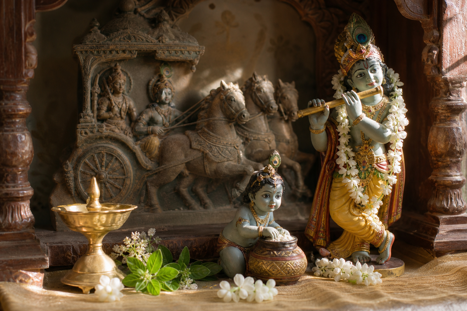 A home shrine displays garlanded figures of child Krishna and flute-playing Krishna in front of a smaller charioteer relief partly in shadow.