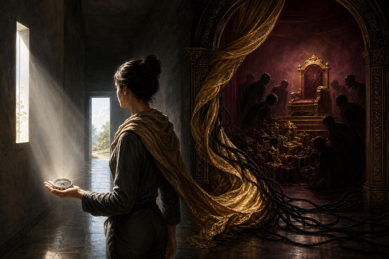 A practitioner holding a compass pauses between a shadowed doorway with a raised chair and a sunlit open exit.