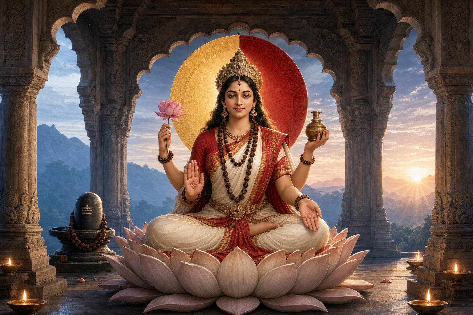 A crowned goddess sits on a lotus throne in a stone temple, with a Shiva linga nearby and dawn light entering from the northeast.