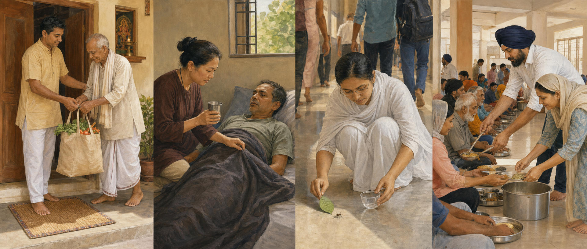 Four illustrated scenes show a Hindu householder helping an elder, a Buddhist practitioner caring for a sick neighbor, a Jain layperson moving an insect to safety and Sikh volunteers serving a communal meal.