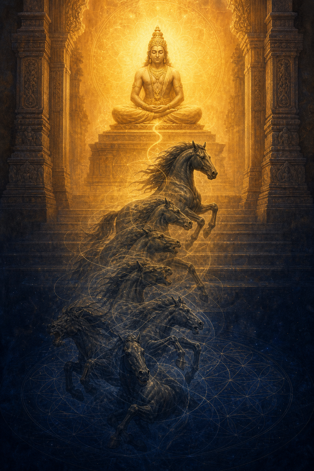 A luminous meditating divine figure appears above an animal whose shadowed, restless movement becomes calm and directed in golden light.