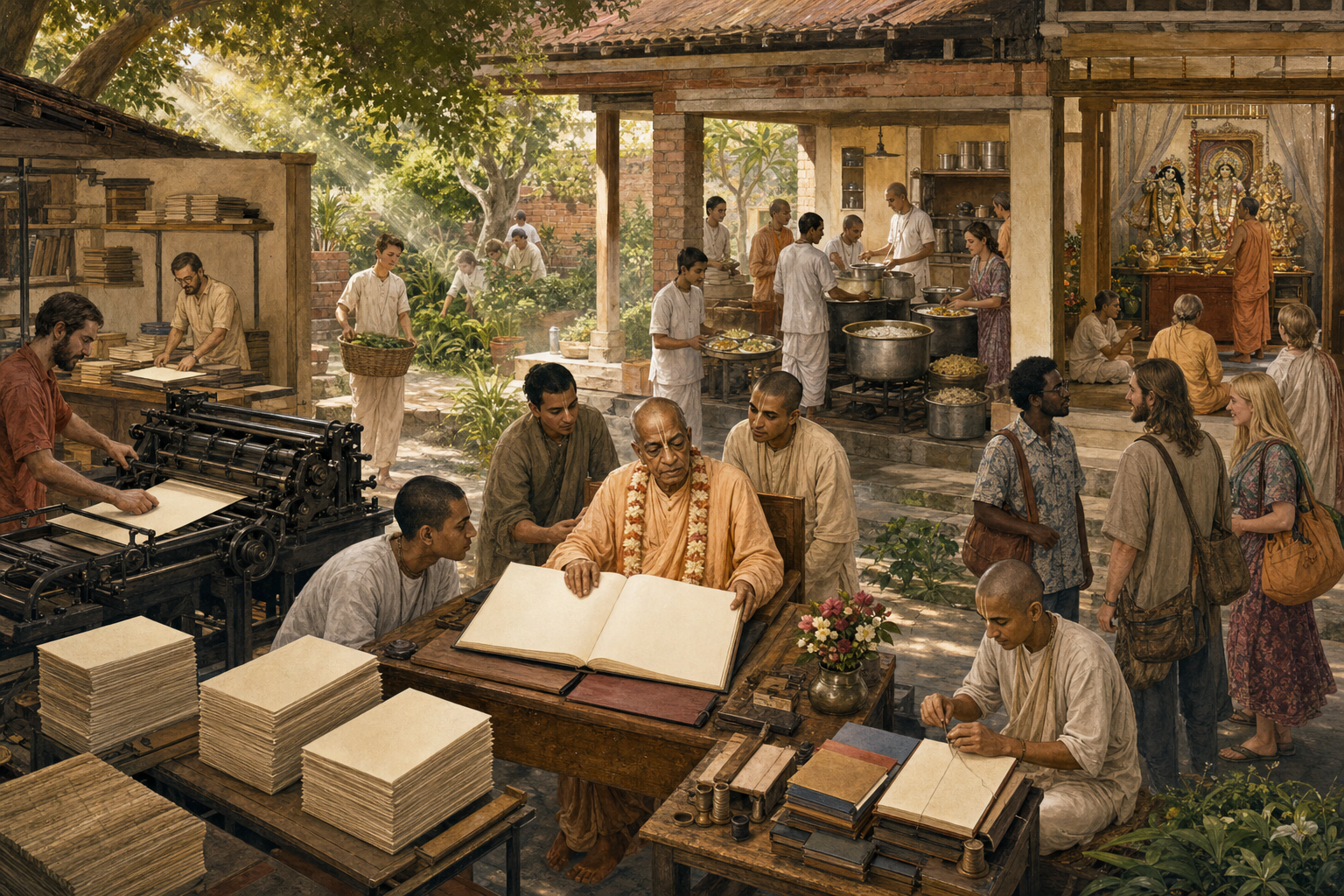 Srila Prabhupada reviews a newly printed book as devotees print and bind books, cook food, tend a garden, prepare a temple, and welcome visitors.