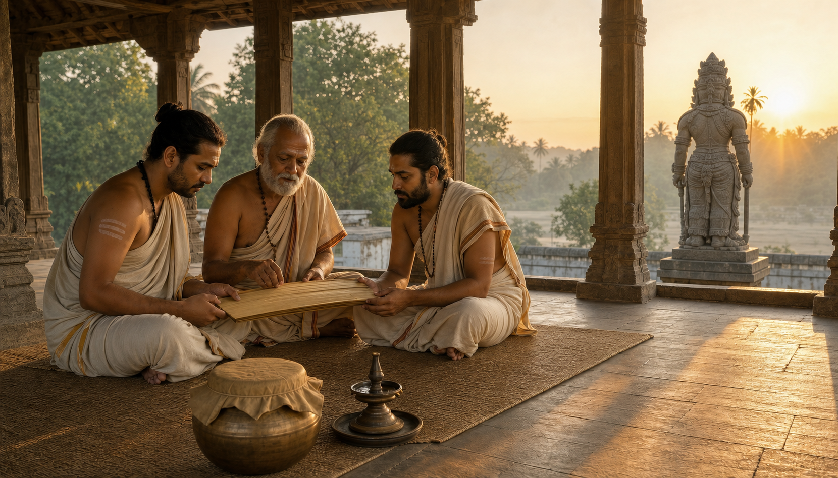 An elder teacher and two adult practitioners study a palm-leaf manuscript in a sunrise-lit pavilion while a stone guardian stands outside.