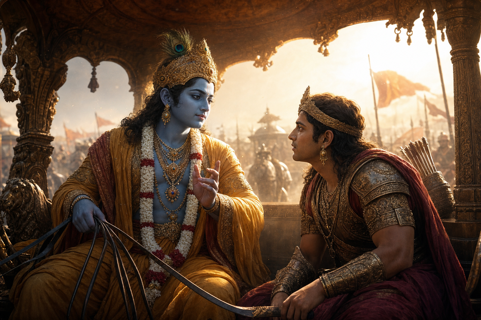 Krishna turns from the reins to counsel a seated Arjuna, who looks up from his lowered bow inside a halted chariot.