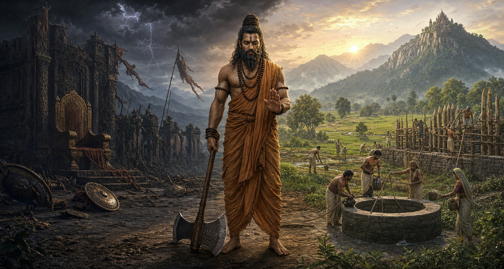 Parashurama stands with his axe resting on the ground between a dark abandoned fortress and villagers restoring fields and a well at sunrise.