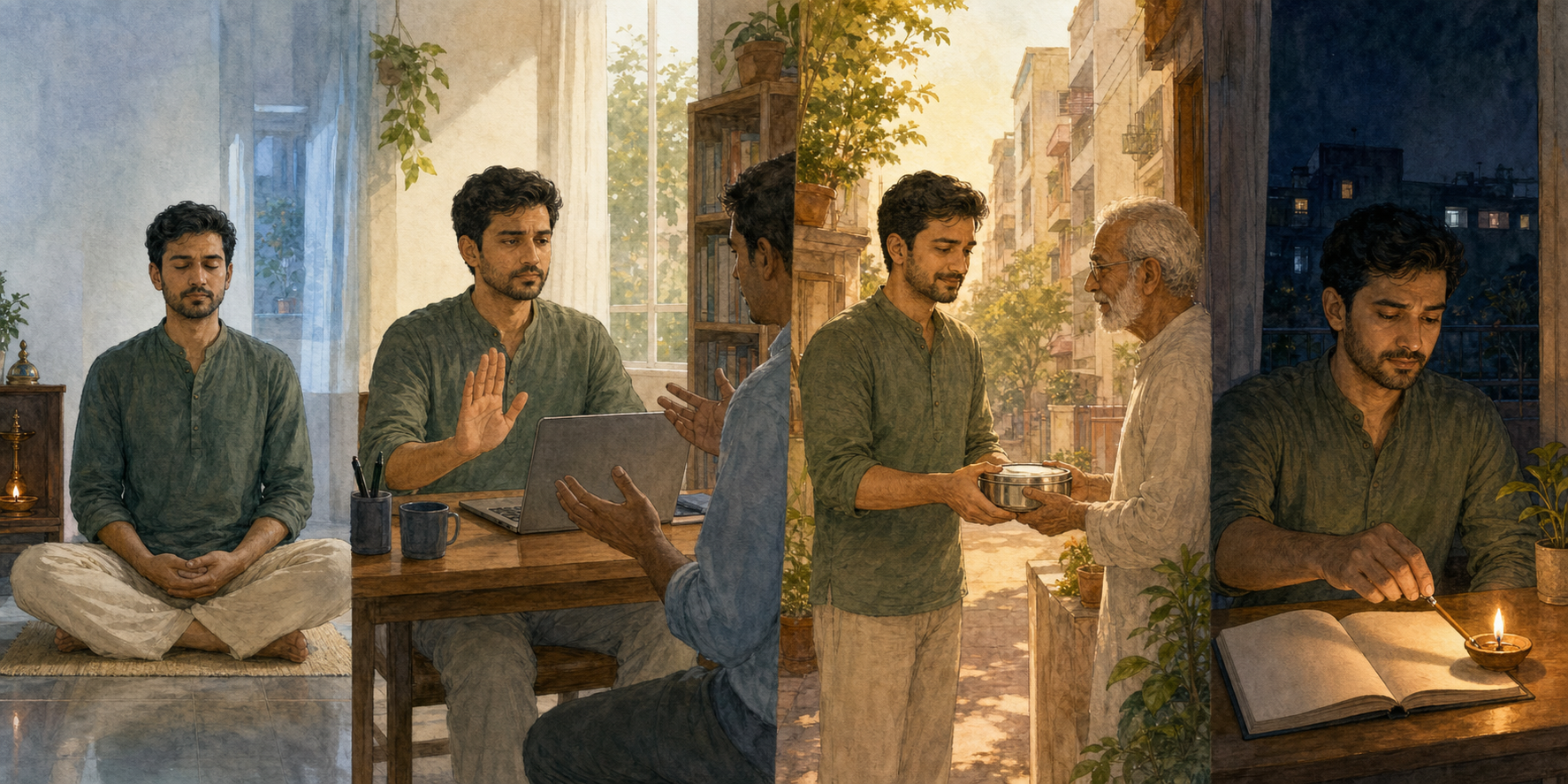 The same person is shown meditating at dawn, working carefully at midday, delivering food to an older neighbor in the afternoon and reflecting beside a blank notebook at night.