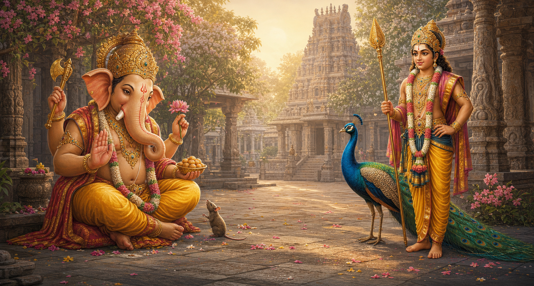 Ganesha sits beside a tiny mouse while Skanda stands beside a peacock with its colorful tail lowered in a temple courtyard.