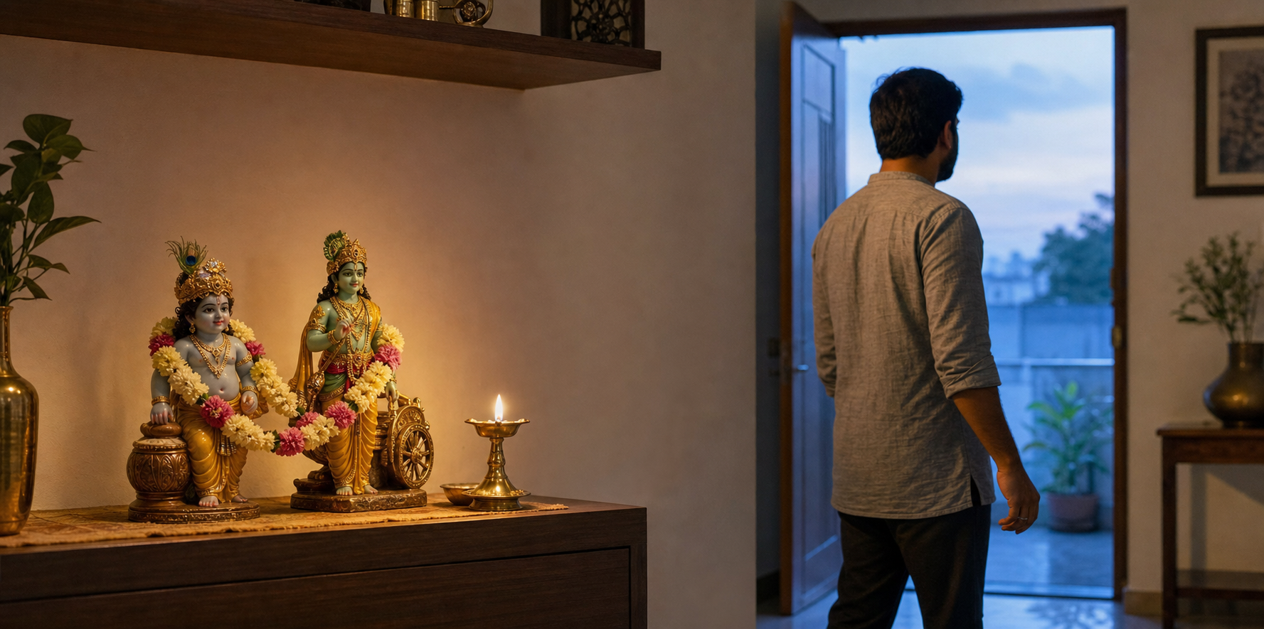 A devotee turns from a dawn altar where child Krishna and Krishna as charioteer stand together beside one glowing oil lamp.