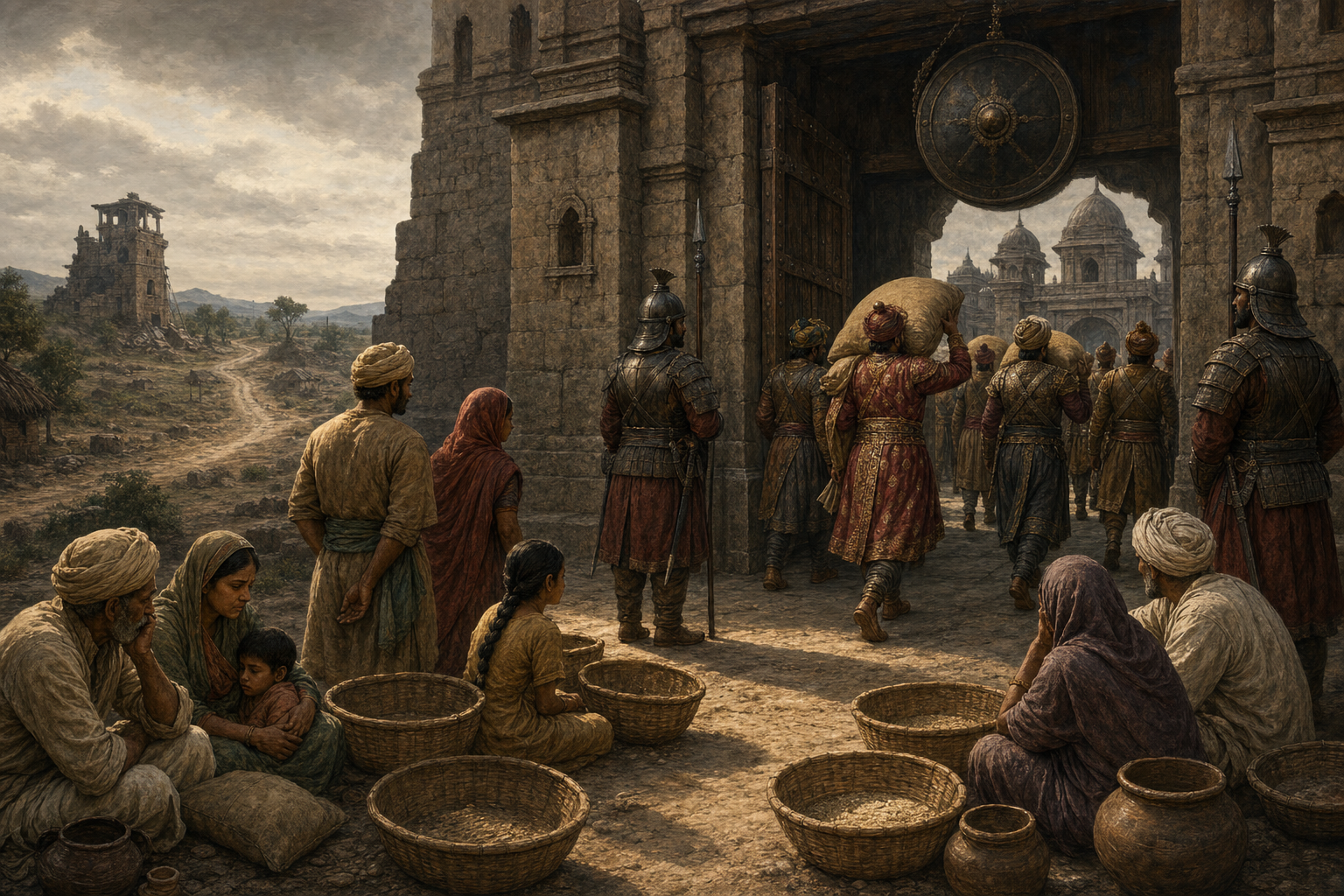 Palace officials carry villagers' grain through a guarded gate while farming families wait beside empty baskets and an unattended watchtower.