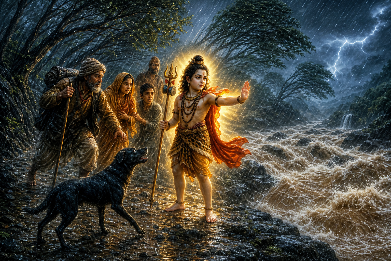 Youthful Batuk Bhairava raises a protective hand as travelers and a dark dog move away from a flooded forest path during a storm.
