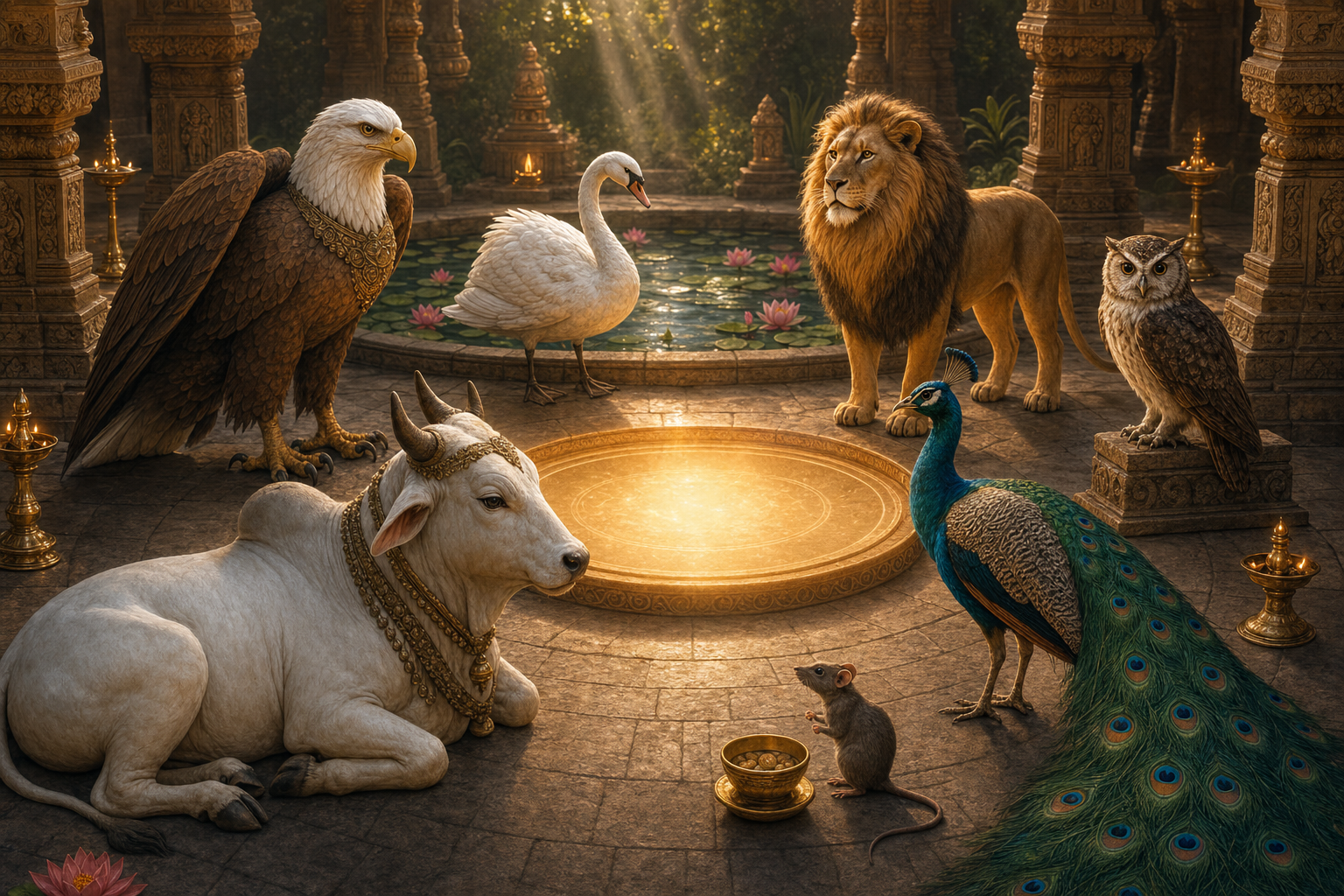 A white bull, Garuda, swan, lion, owl, peacock, and mouse gather around a pool of golden light inside a pillared temple hall.