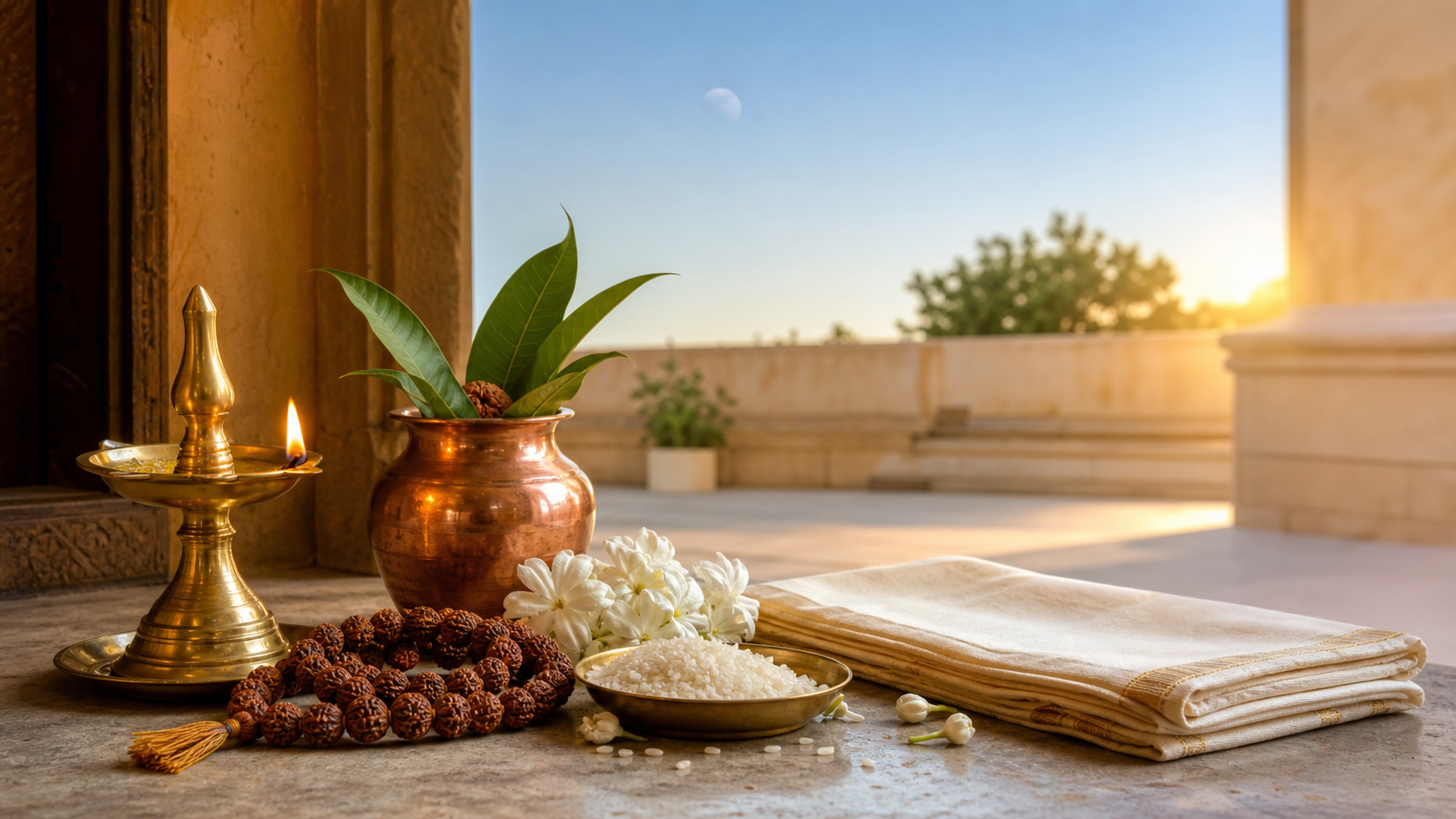 Brass oil lamp, copper kalasha, jasmine flowers, rudraksha beads, rice, and ritual cloth arranged in a sunlit courtyard at dawn.