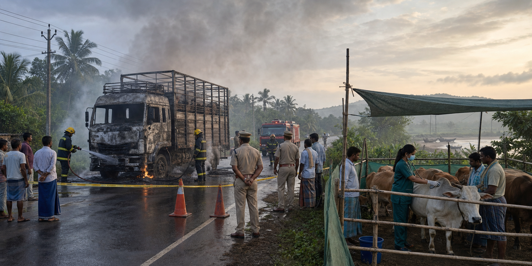 Firefighters, police, and a veterinarian respond beside a fire-damaged cattle truck while rescued cattle stand in a protected roadside area.