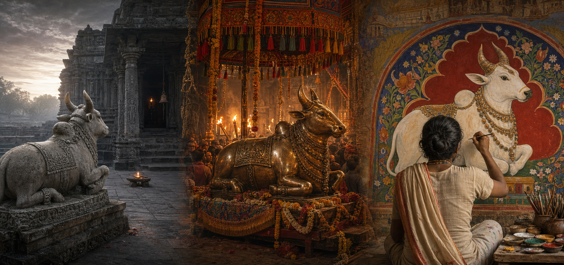 The white bull Nandi appears as a stone temple sculpture, a bronze processional figure, and a painted devotional image in three connected settings.