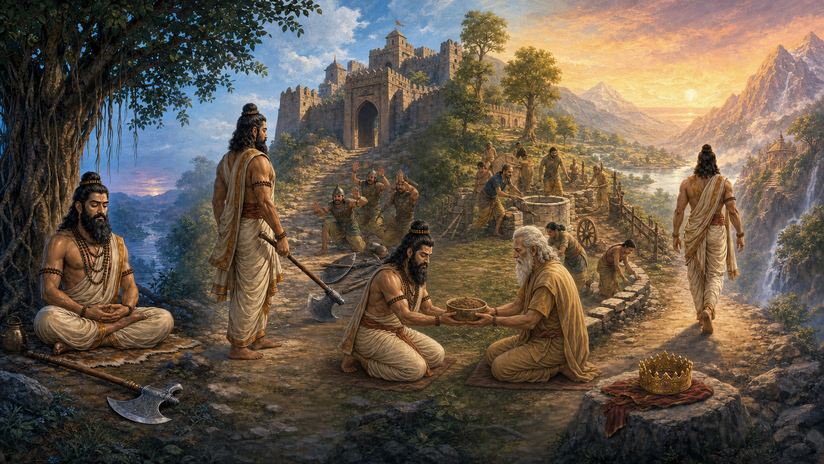 A four-stage panorama shows Parashurama meditating, confronting a fortress, returning earth to a sage, and departing toward a mountain hermitage.