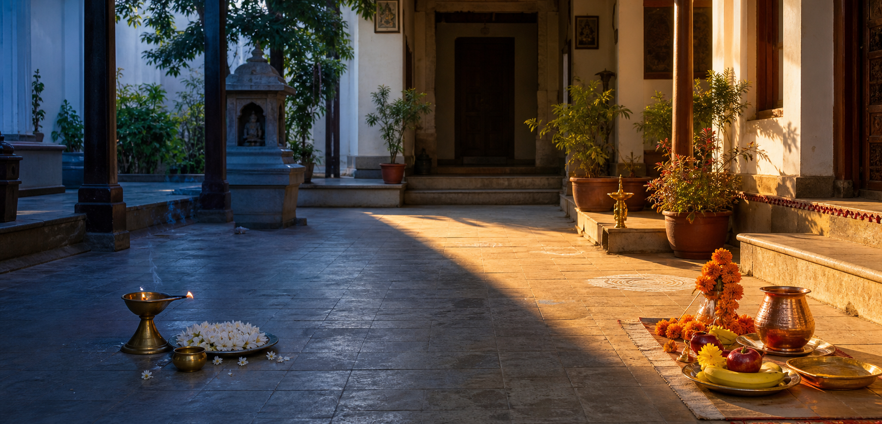 A Hindu courtyard shifts from cool dawn light to warm late-morning light, with separate ritual arrangements on each side.