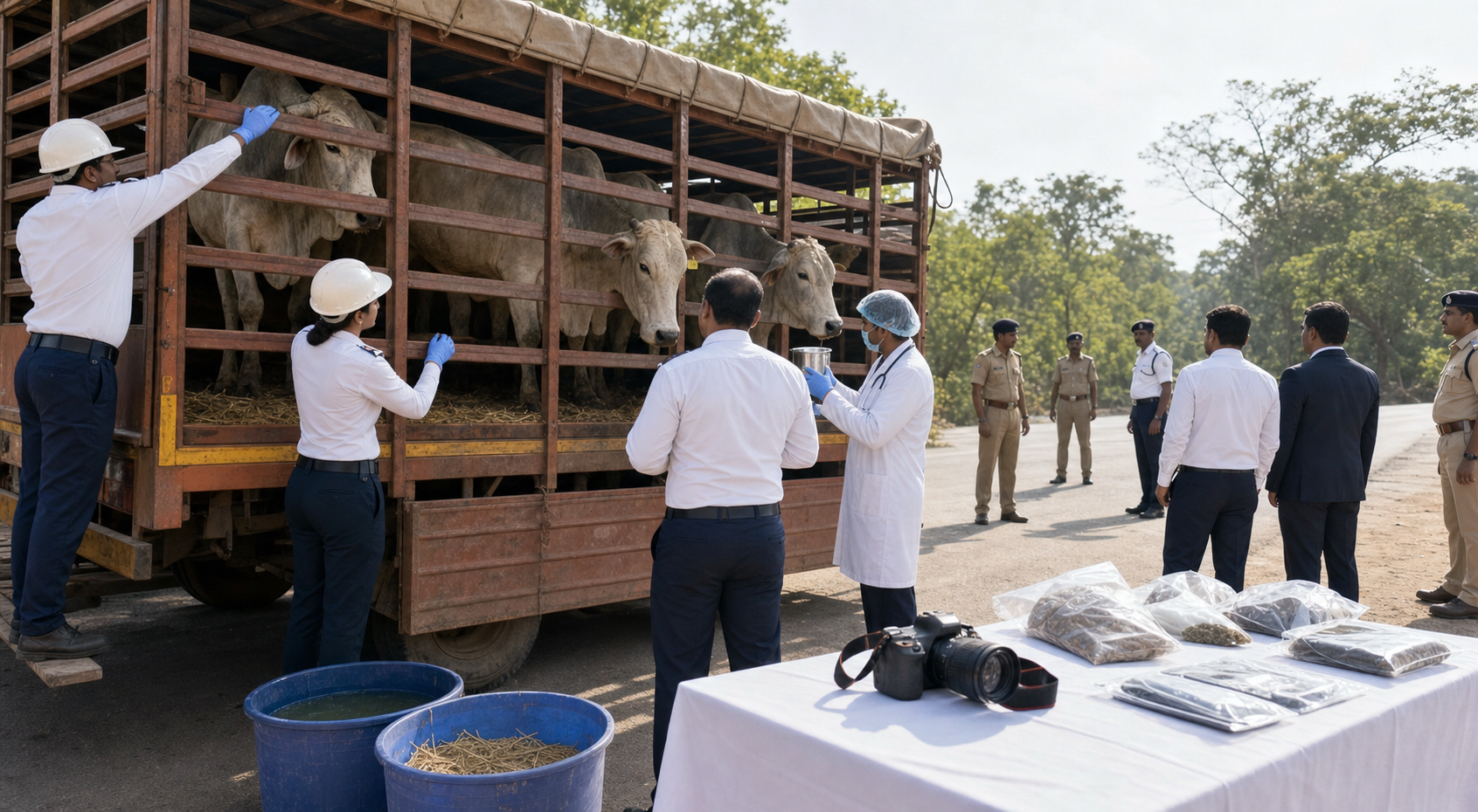 Transport officials and a veterinarian inspect cattle, ventilation, water, and vehicle conditions at an orderly roadside checkpoint.