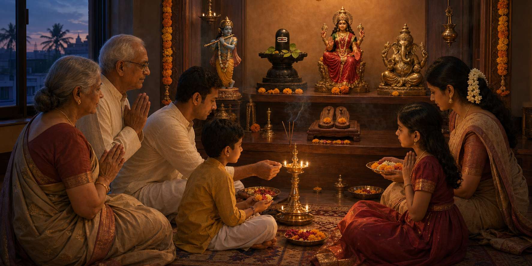 A multigenerational Hindu family worships together before a home shrine containing distinct forms of Krishna, Shiva, Devi, Ganesha, and guru-padukas.