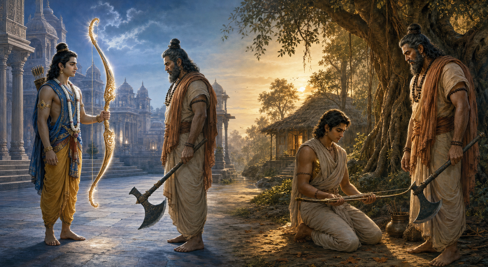 Parashurama lowers his axe before Rama holding a luminous bow, while a second scene shows Karna kneeling with a bow at a forest hermitage.
