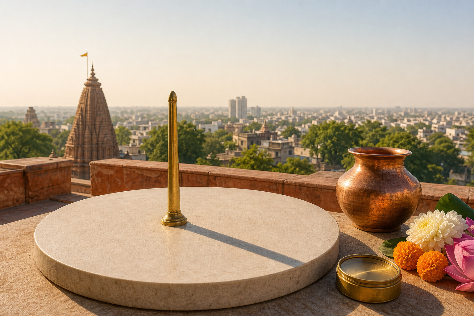 A brass gnomon casts a shadow on an unmarked stone platform overlooking a city skyline and temple spire.
