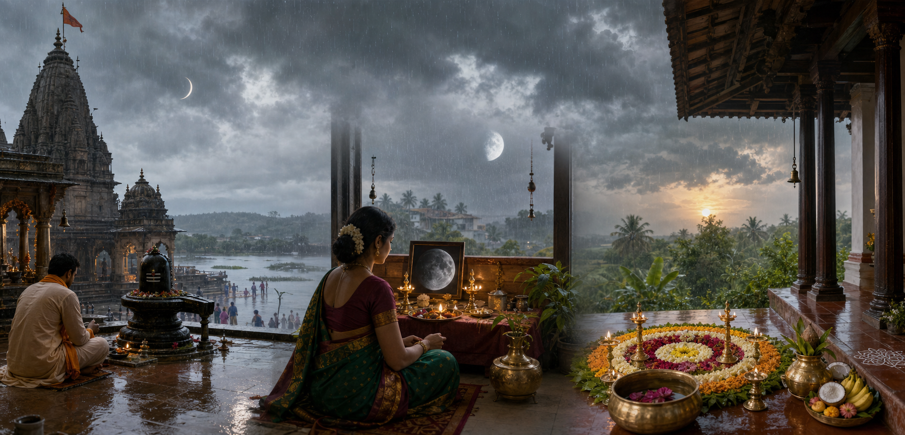 Three monsoon devotional settings show a riverside temple, a home altar and a South Indian veranda under different moon and sunrise conditions.