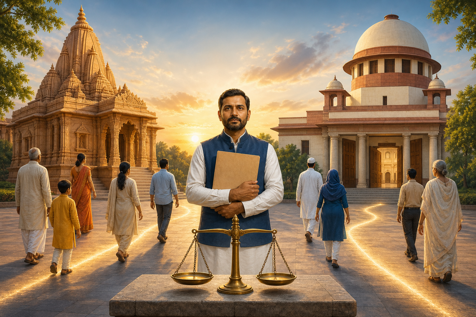 A community representative carrying an evidence folder walks across a civic plaza between a Hindu temple and a constitutional court, with balanced scales in the foreground.
