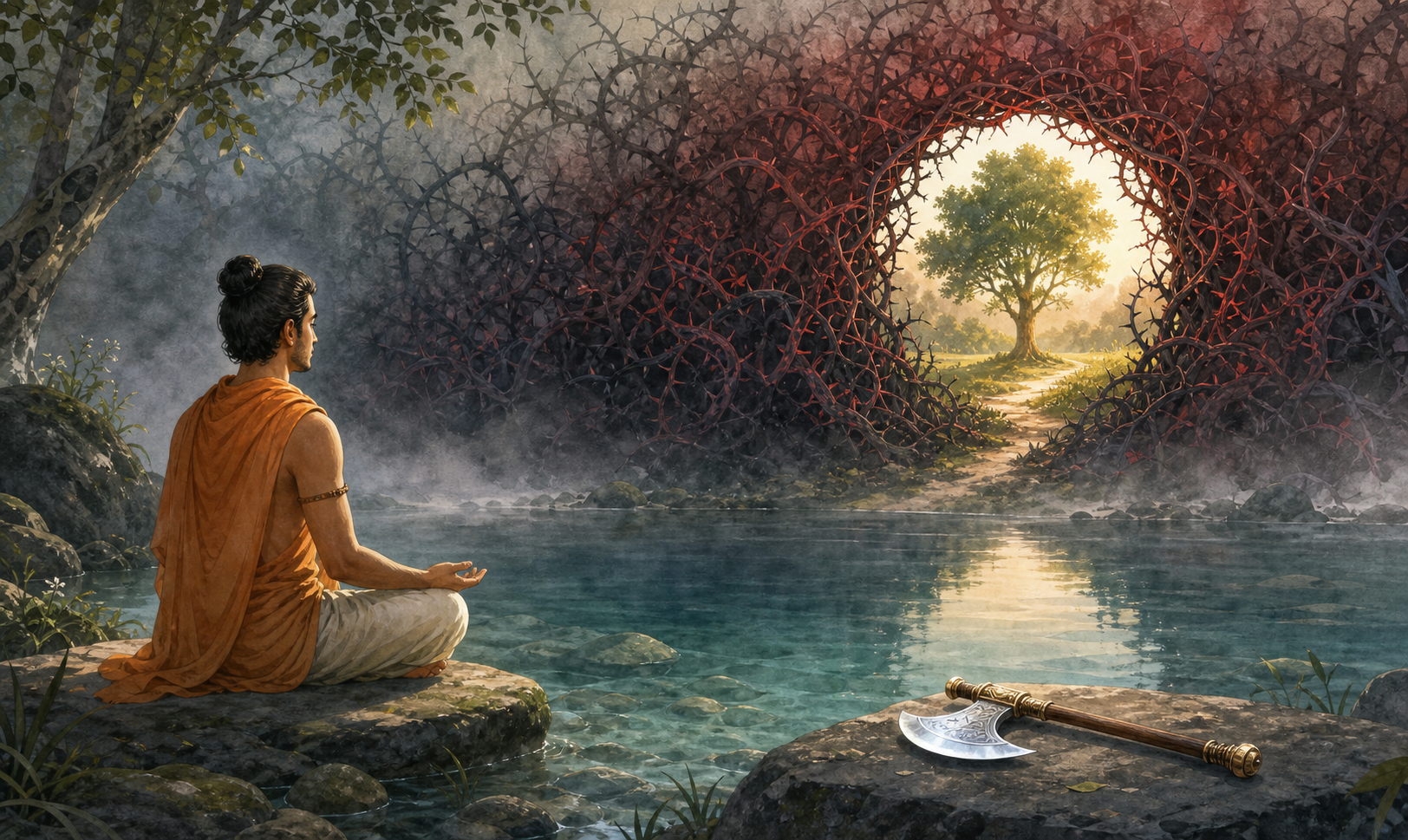 A person meditates beside a forest pool while an unused axe rests on a stone and dark thorn-like shadows dissolve behind them.