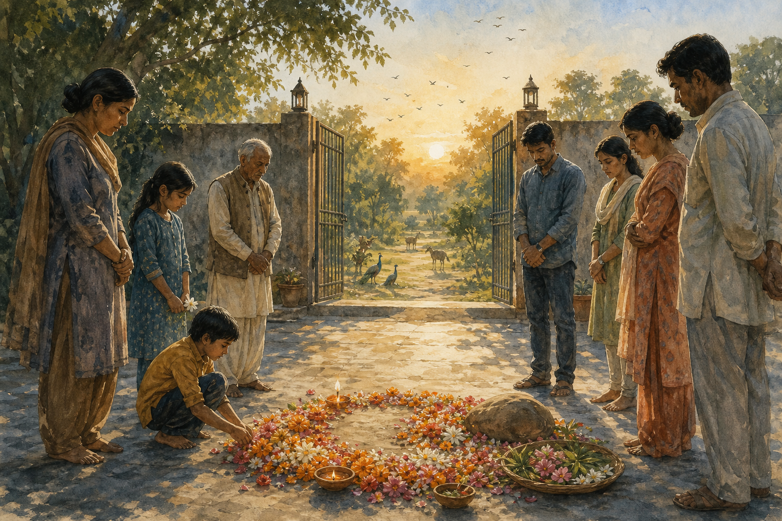 People gather at dawn around flower petals, a clay lamp, and an unmarked stone, with a peaceful landscape and living animals beyond an open gate.