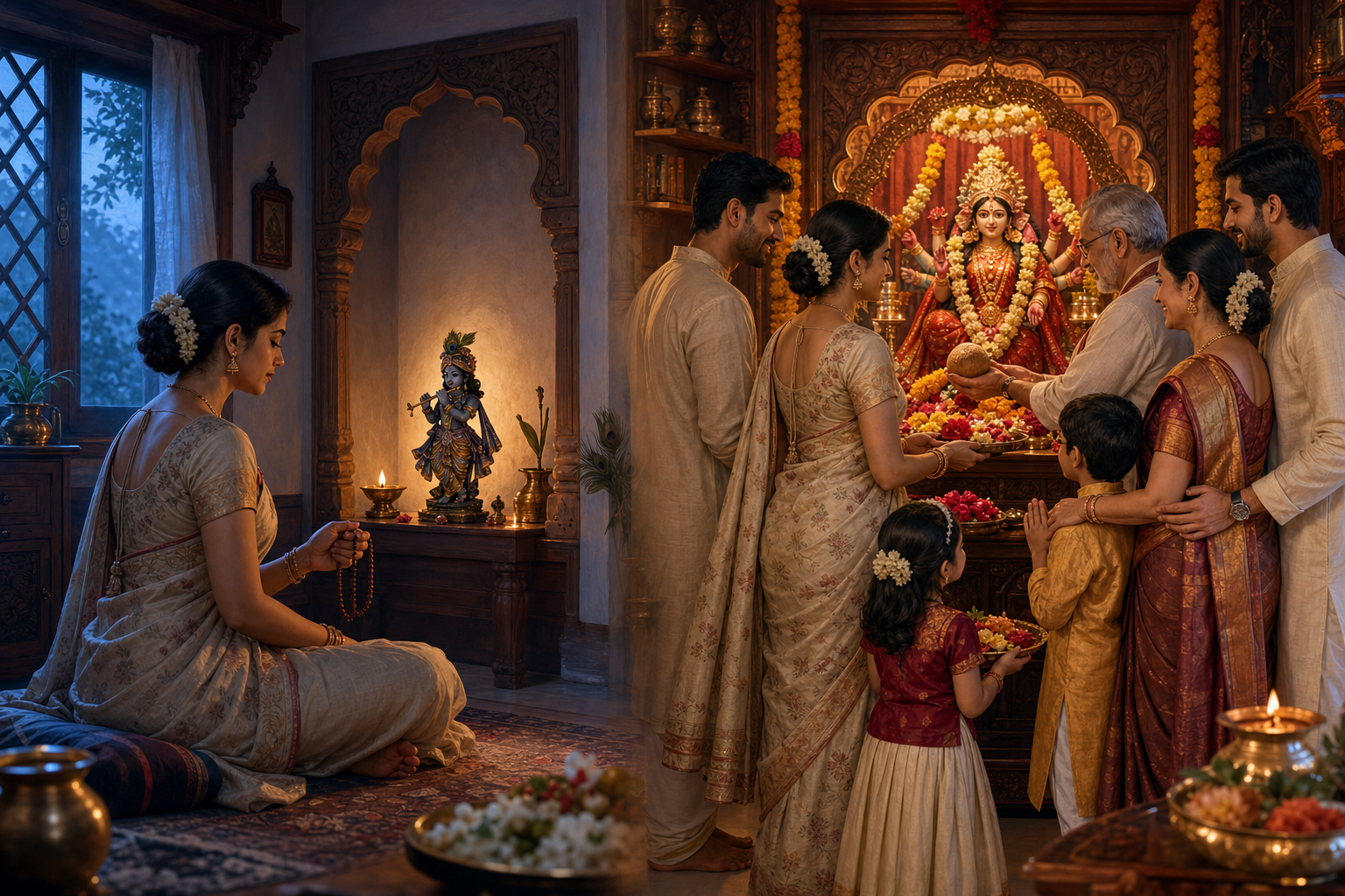 One scene shows a woman privately praying to Krishna, while a second shows her worshipping a family goddess with several generations of relatives.