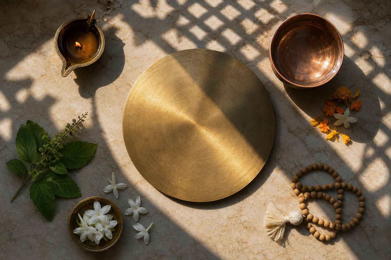Sunlight and lattice shadows cross an unmarked brass disc beside a diya, flowers, tulsi leaves, water bowl, and prayer beads.
