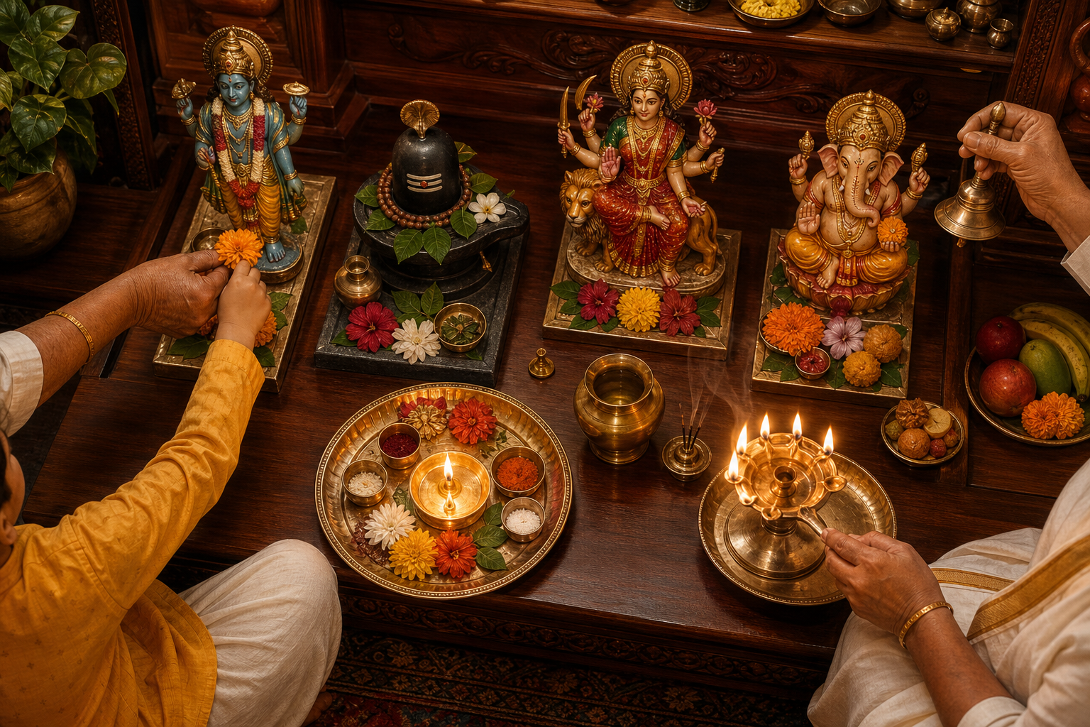 Family members coordinate offerings around a home altar where several divine forms remain distinct within one shared puja.