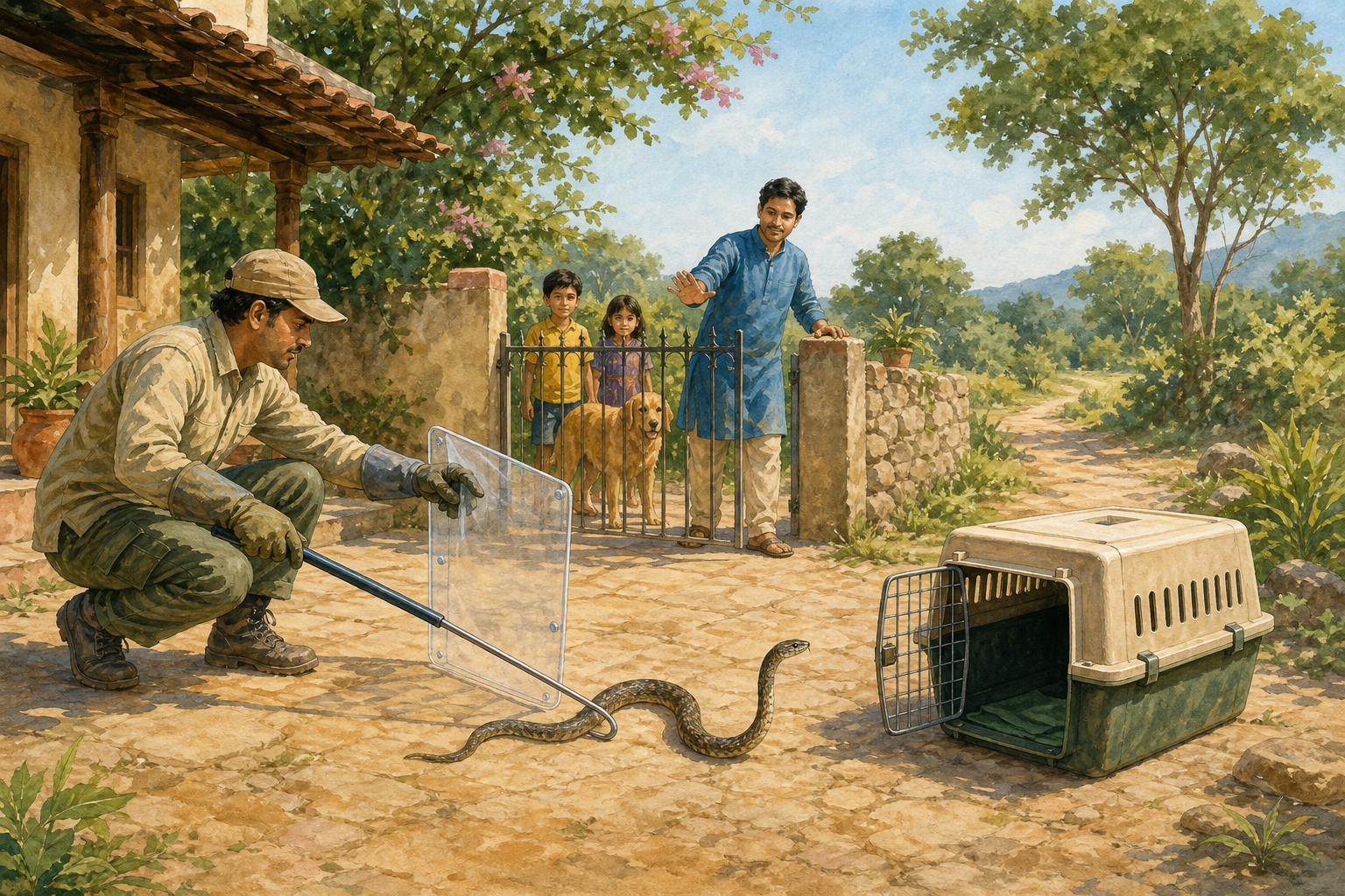 A wildlife responder calmly guides a snake into a transport container while another adult moves children and a dog behind a gate.