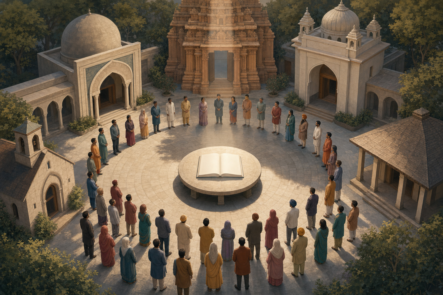 People from different communities stand equally around an unmarked open book in a courtyard bordered by several kinds of sacred architecture.