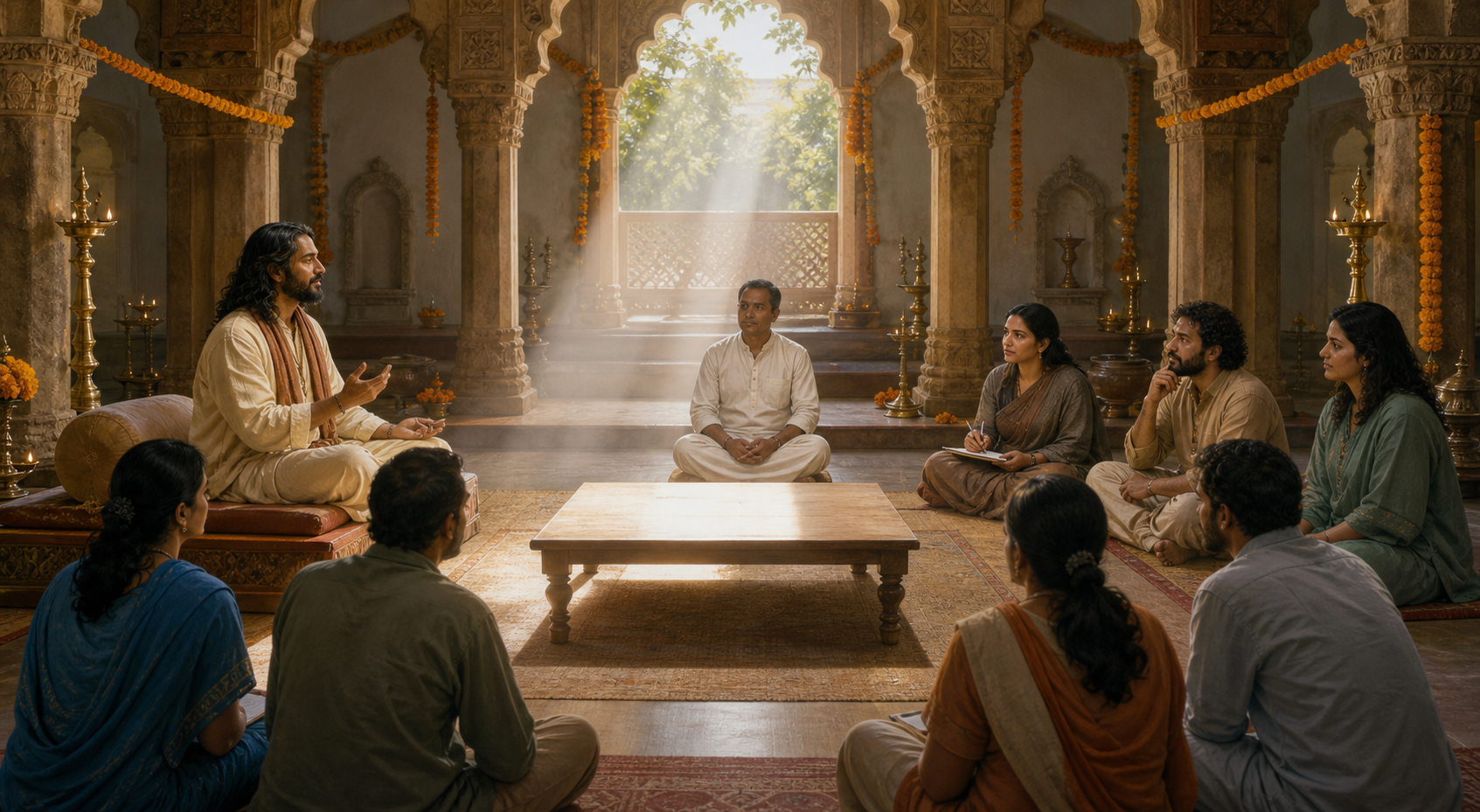 An anonymous spiritual speaker and a diverse group of attentive observers face one another around an illuminated table in an Indian gathering hall.