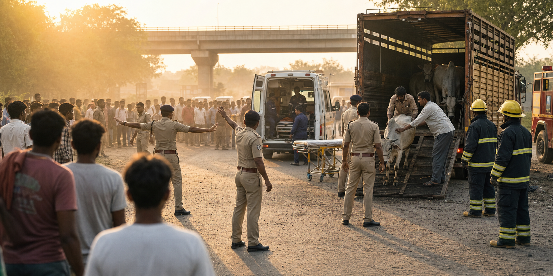 Police create a protected corridor between a gathered crowd and the occupants of a stopped cattle vehicle as emergency personnel stand ready.