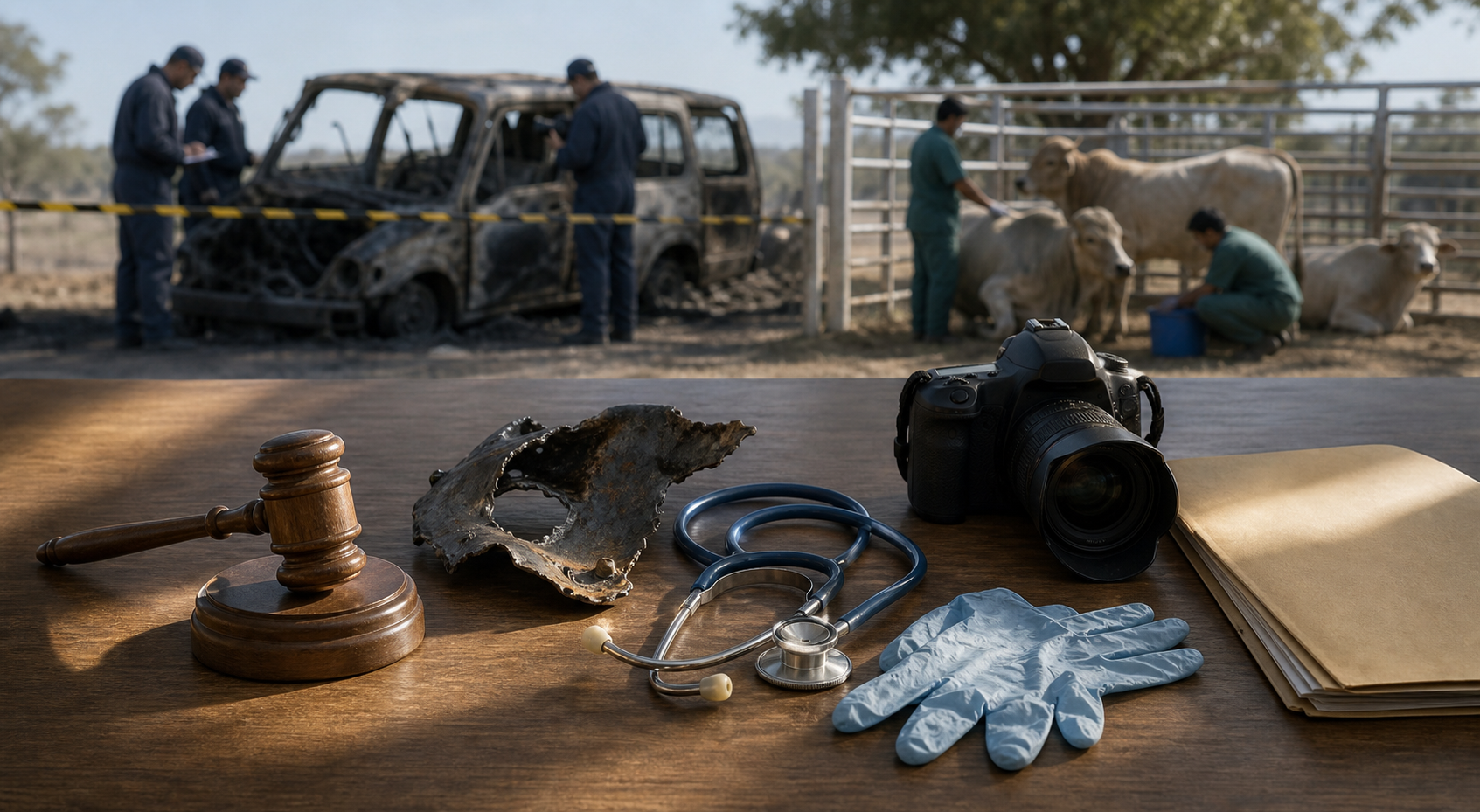 A gavel, forensic equipment, a vehicle fragment, and a veterinarian's stethoscope sit on a table while investigators and animal carers work in the background.