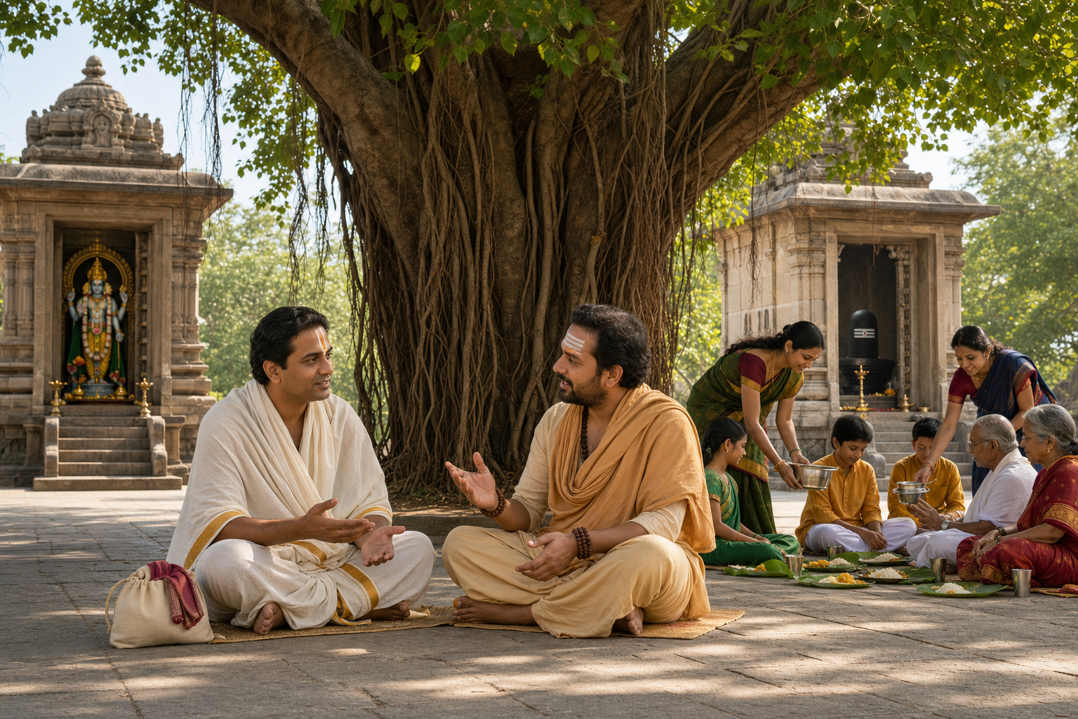 Vaishnava and Shaiva practitioners speak respectfully beneath a banyan tree while their families serve prasada together in a temple courtyard.